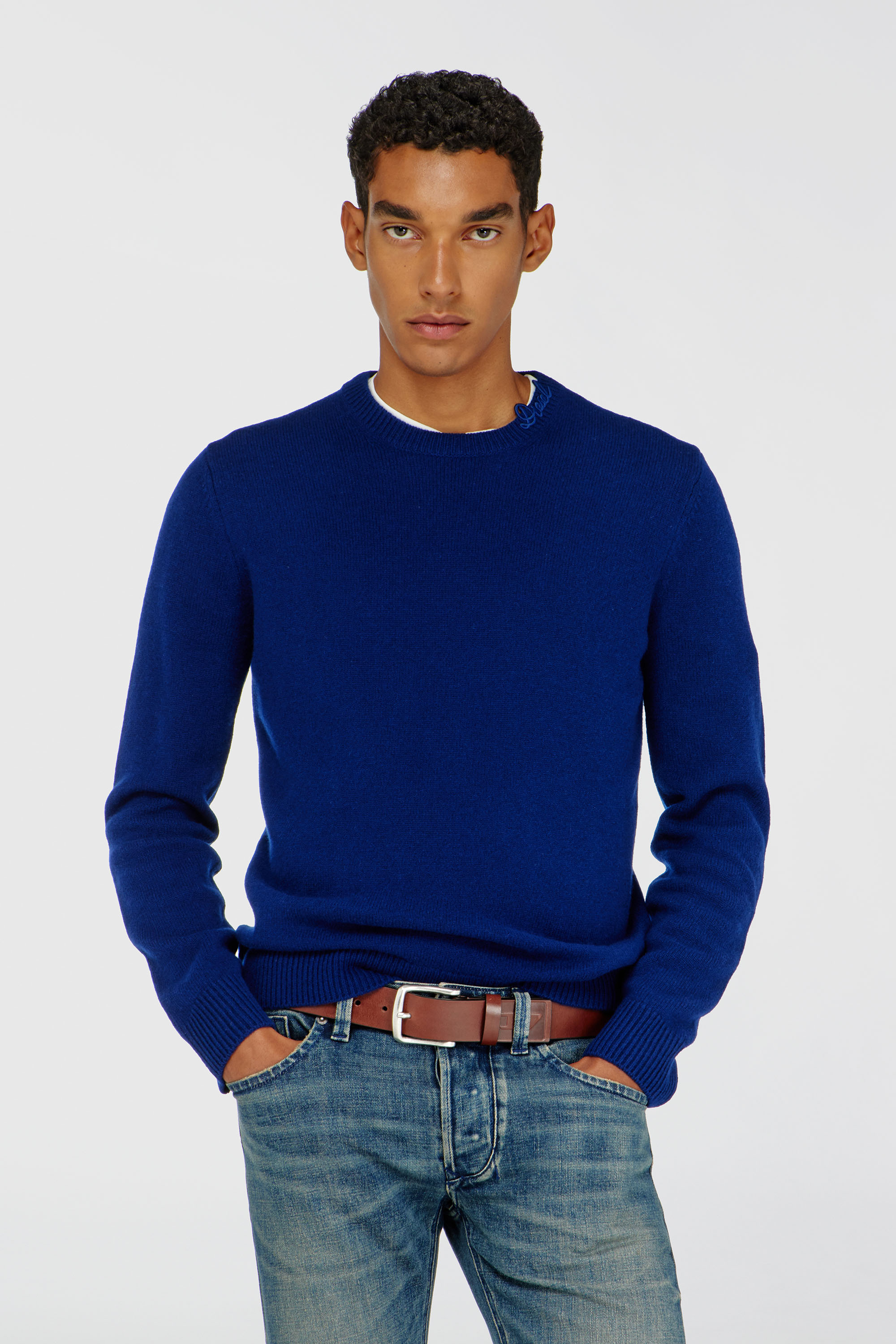 Diesel - K-IMBRO, Man's Wool jumper with neck logo in Blue - 3
