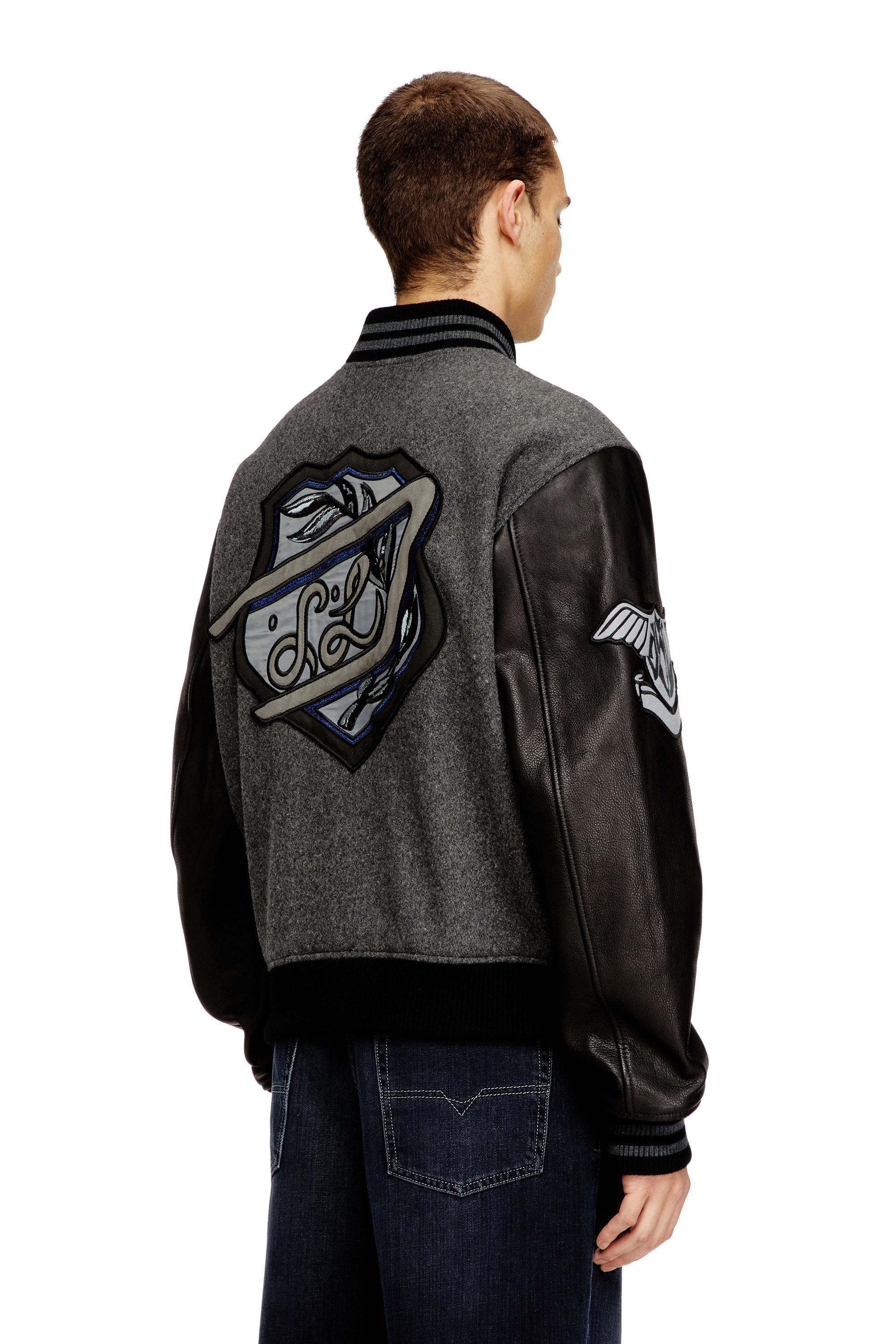 Diesel - L-ARRY-CP, Man's Varsity jacket in wool and leather in Black/Grey - 4