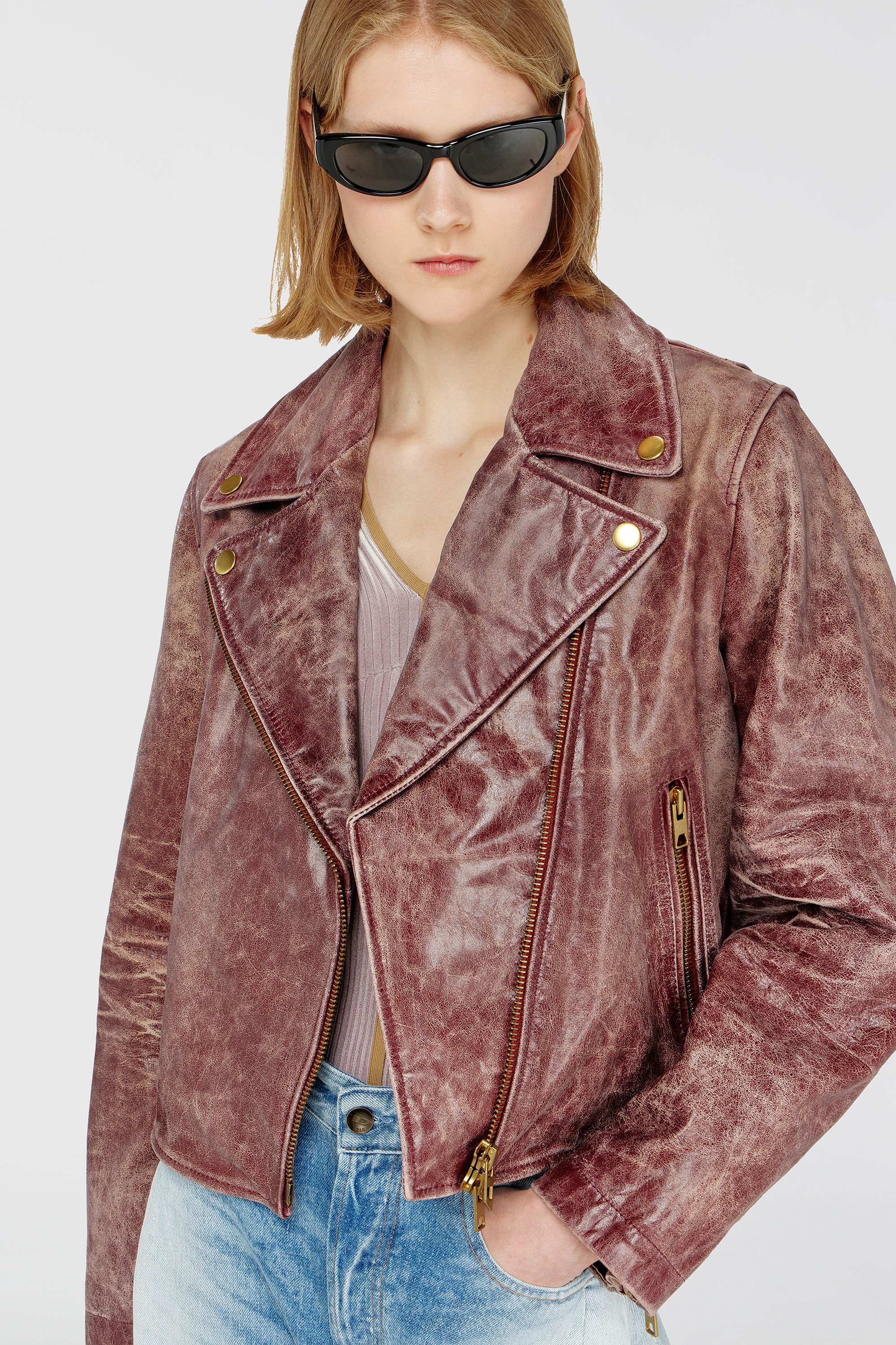Diesel - L-UNATIC-T1, Woman's Biker jacket in treated leather in Brown - 6