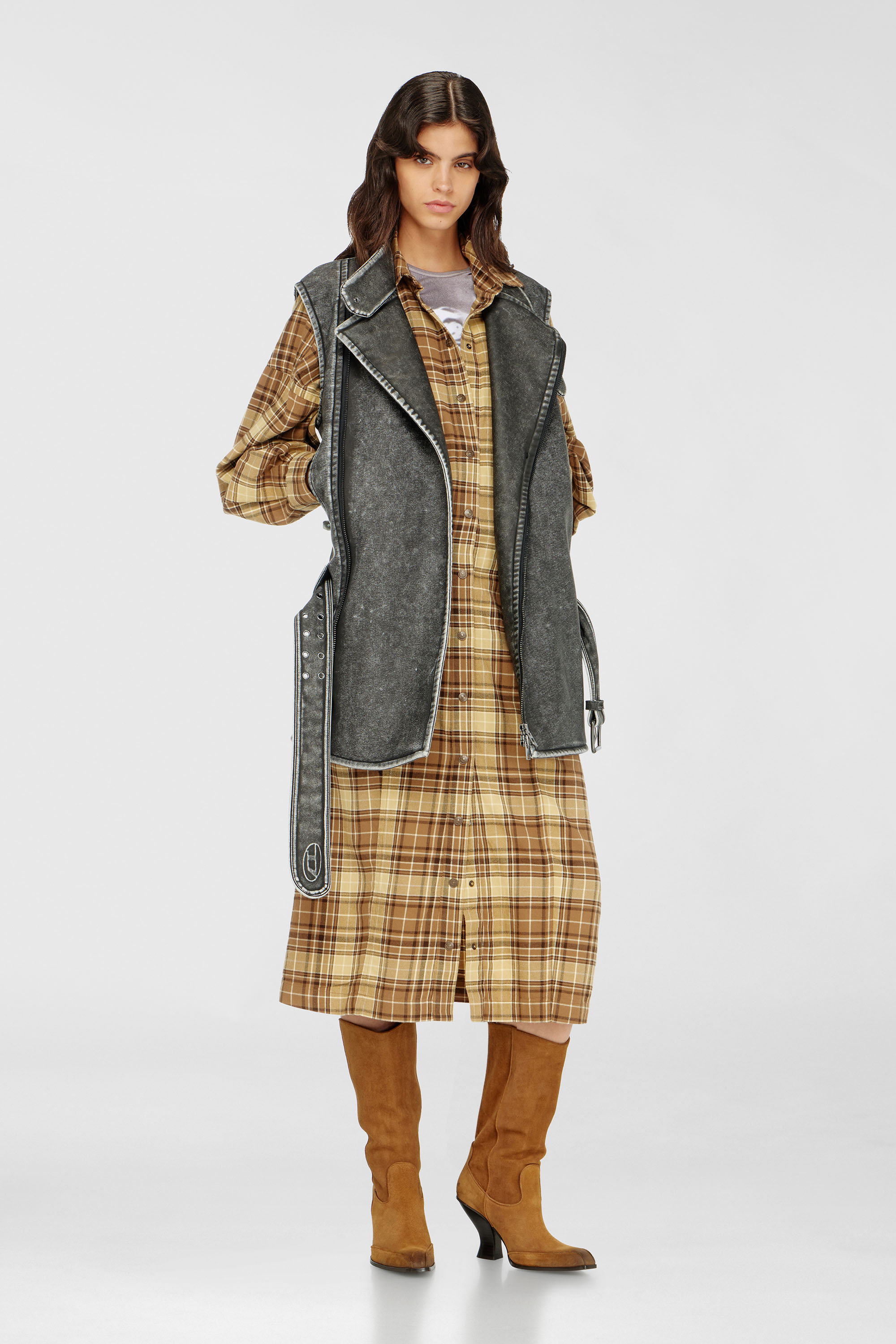Midi dress in check flannel with wide belt