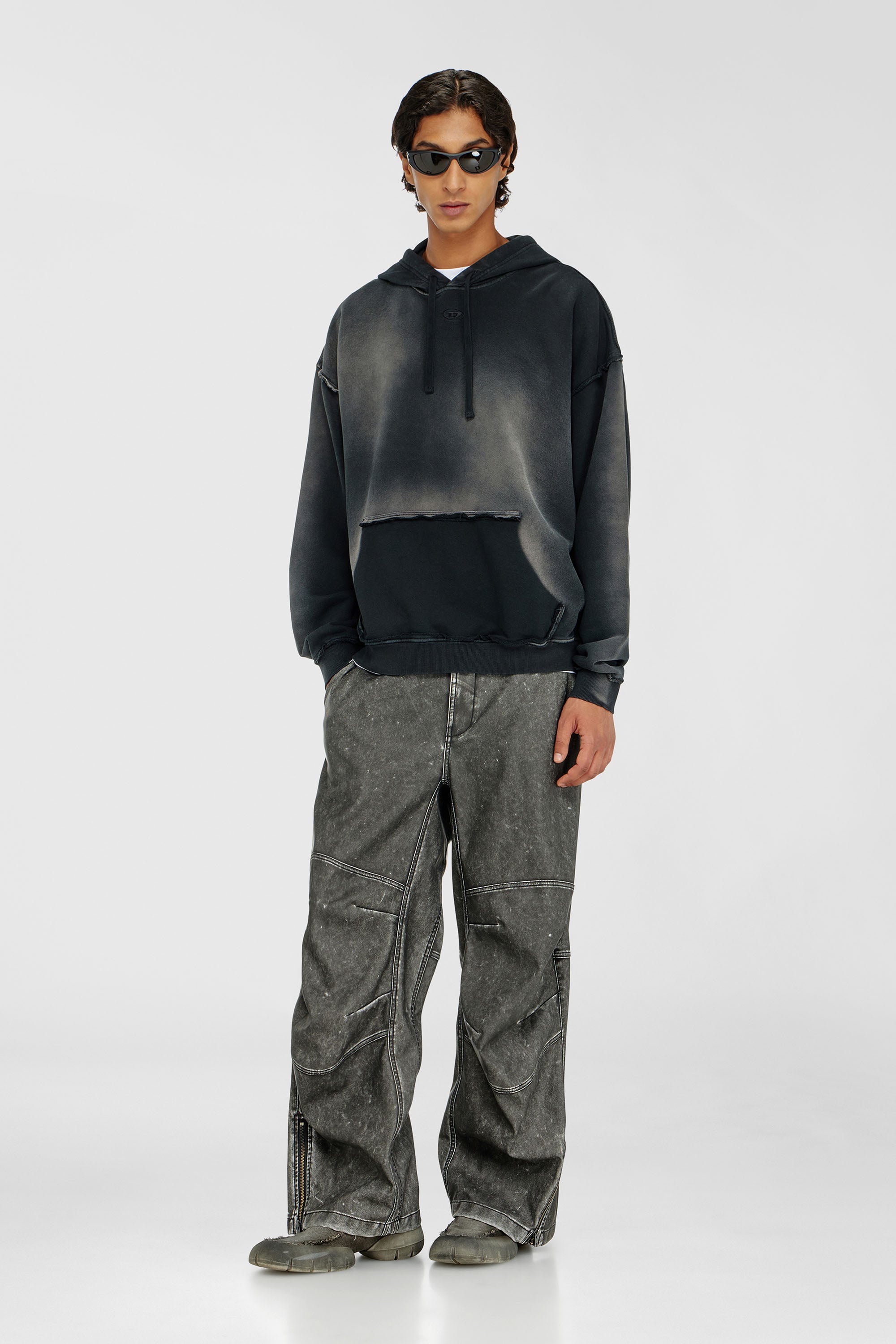 Diesel - S-POCK-HOOD, Man's Faded cotton hoodie with frayed details in Black/Grey - 1