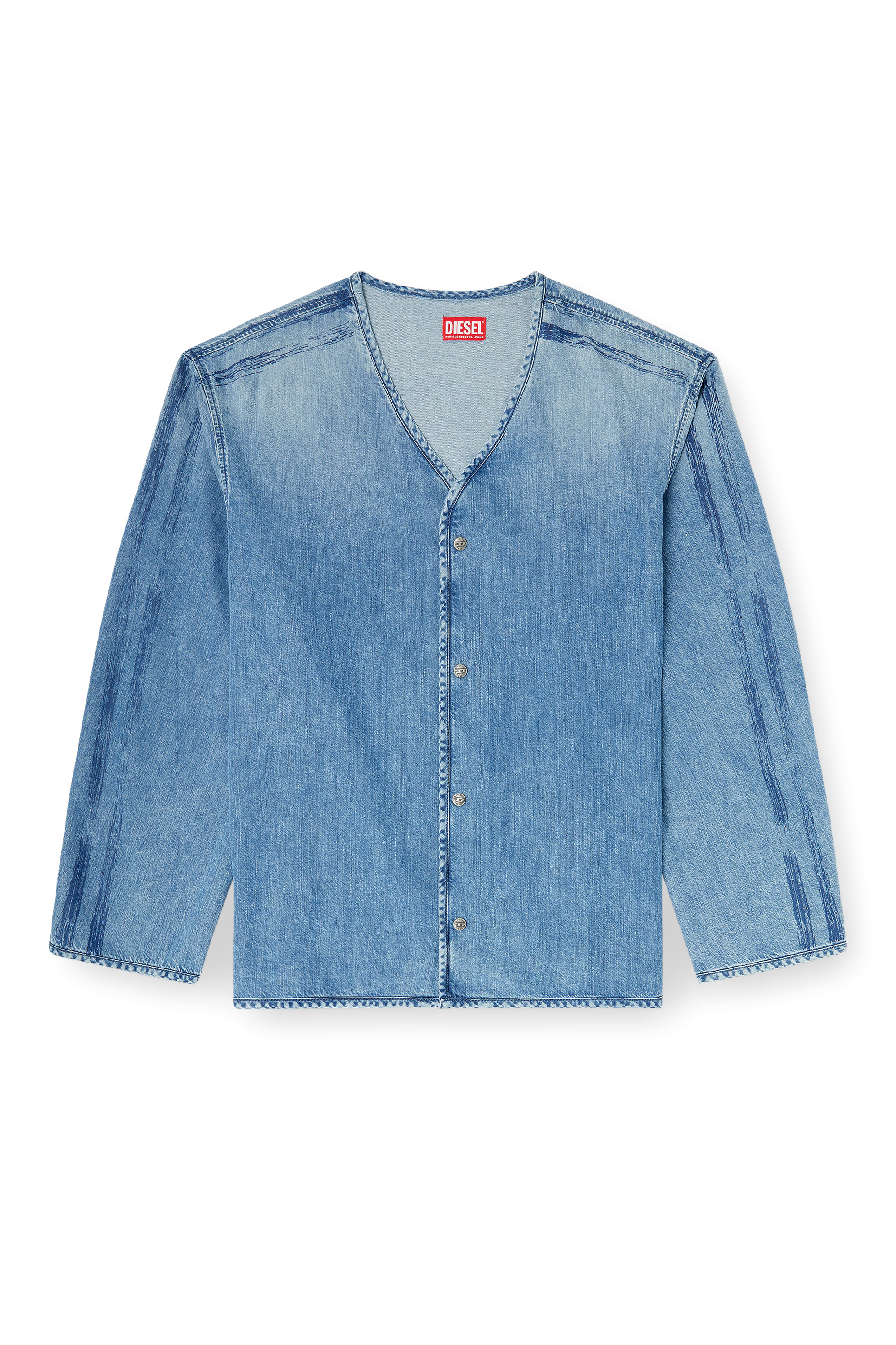 Diesel - D-CADI-S, Man's V-neck shirt in fluid denim with stripes in null - 3