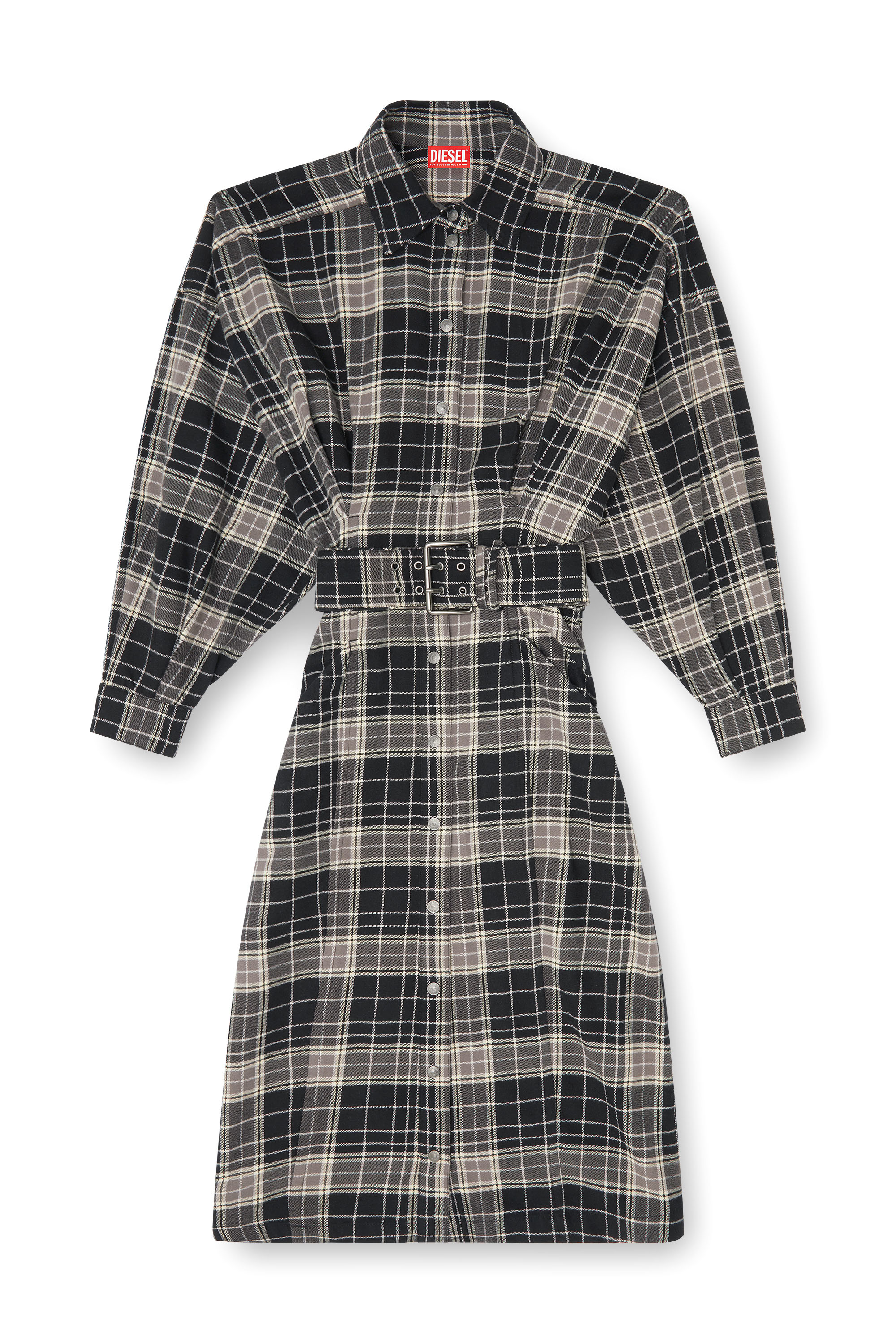 Diesel - D-EDALUS, Woman's Midi dress in check flannel with wide belt in Grey/Black - 3