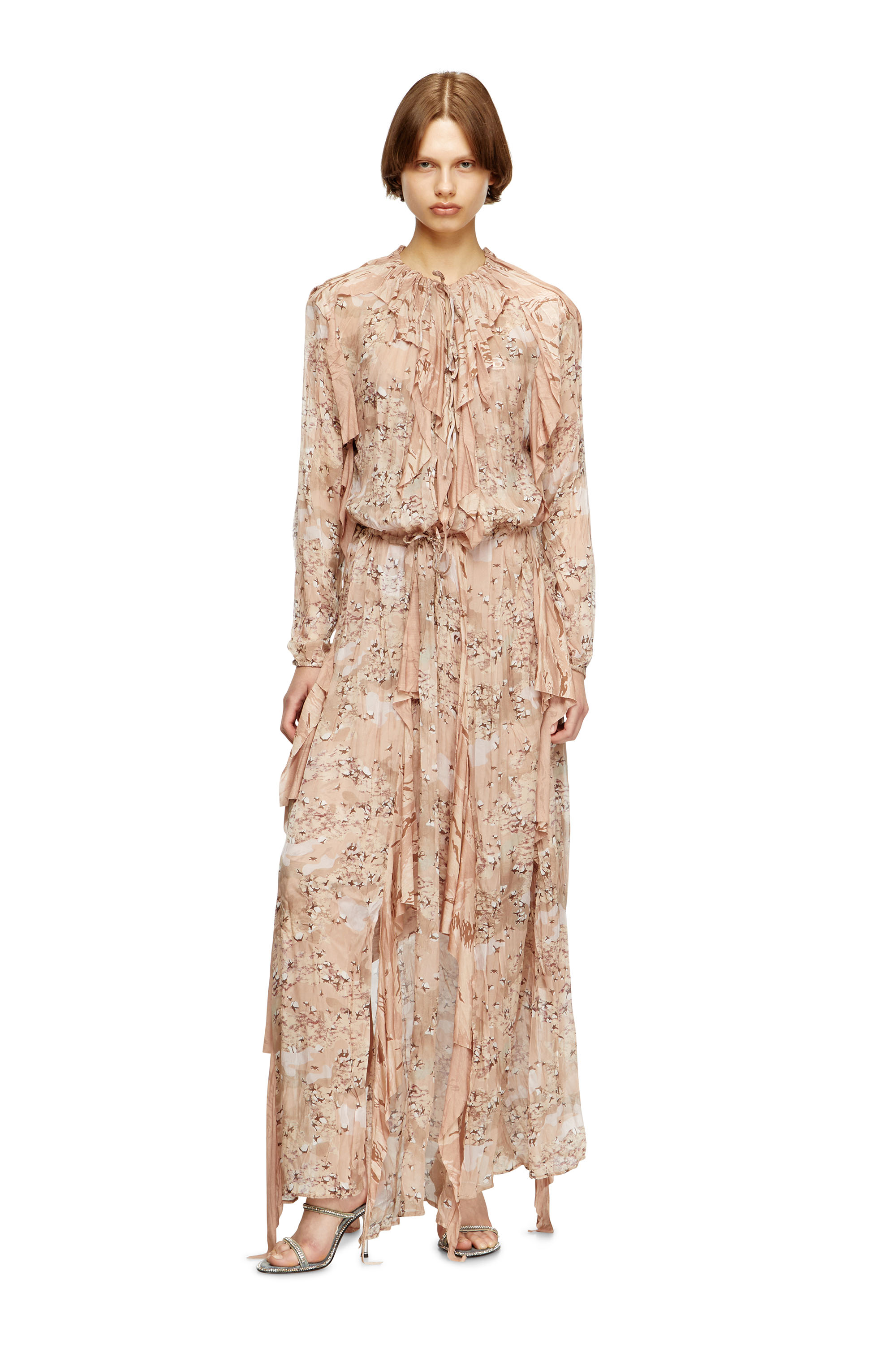 Diesel - D-AZZLING-R1, Woman's Ruffled maxi dress in camo chiffon in Face Powder - 3