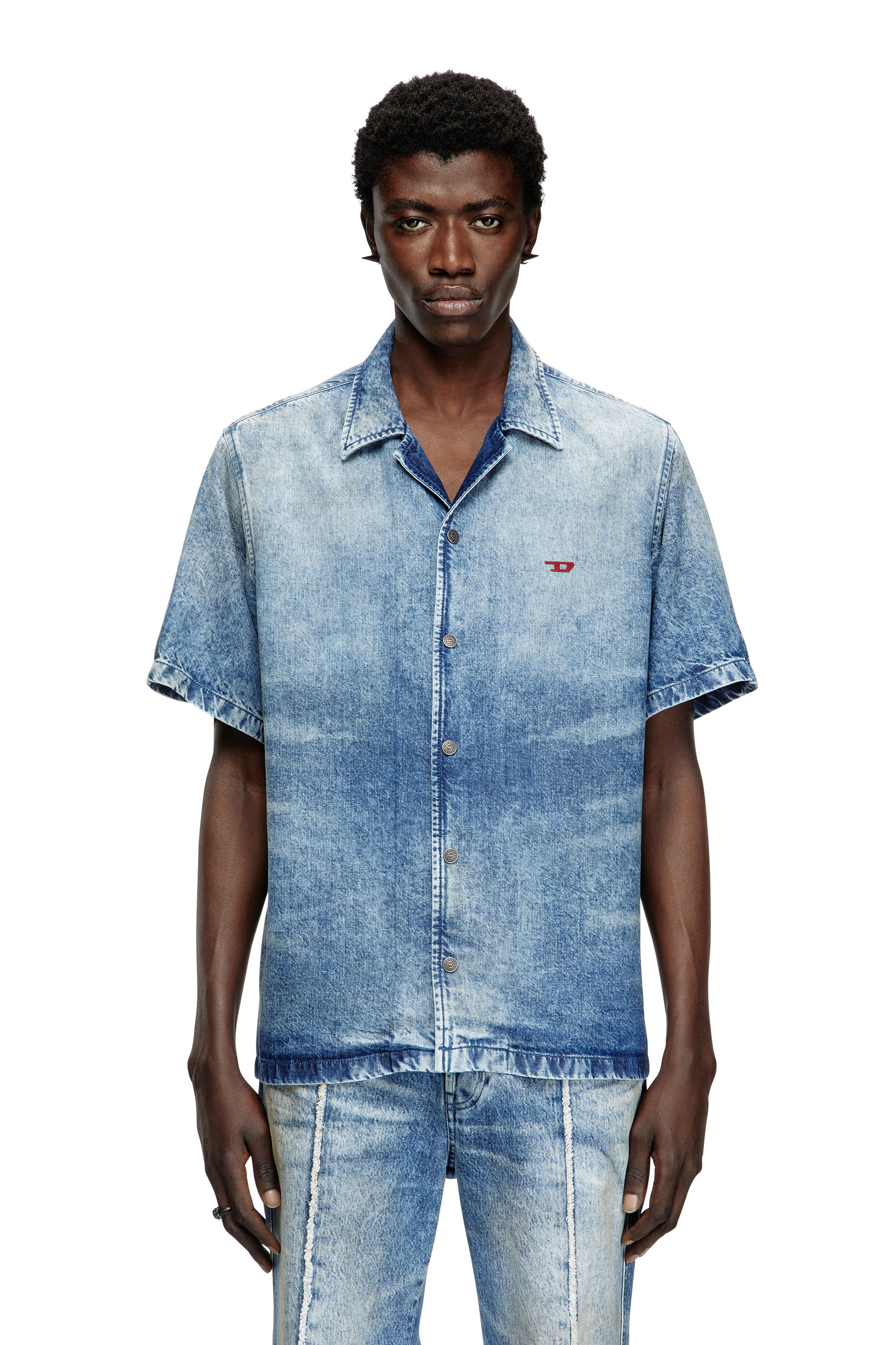 Diesel - D-NABIL-FSG, Man's Bowling shirt in distressed denim in Medium blue - 1