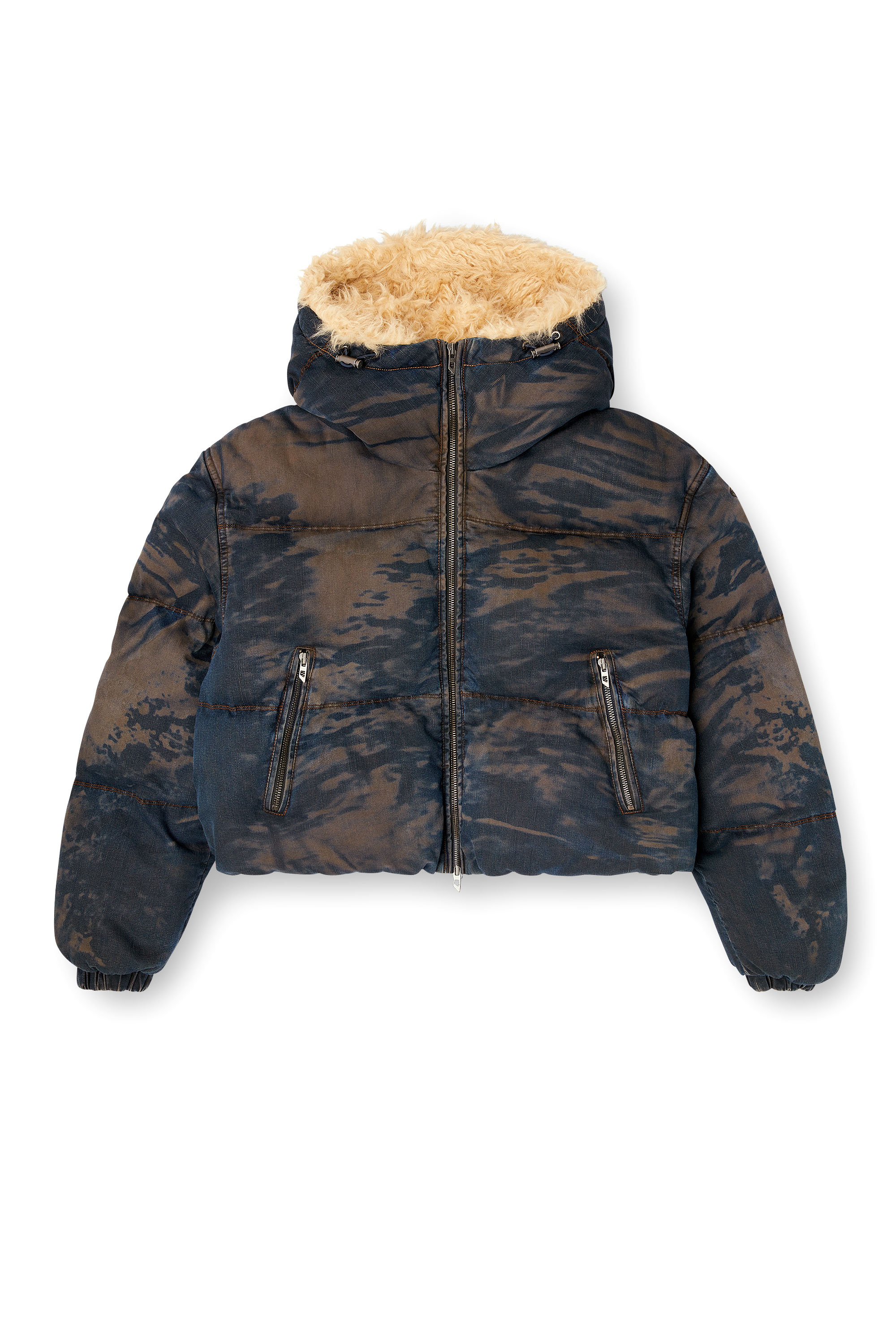 W-AVES-FUR, Black/Brown Diesel - W-AVES-FUR, Woman's Hooded puffer jacket in dirt-effect camo denim in Black/Brown - 2