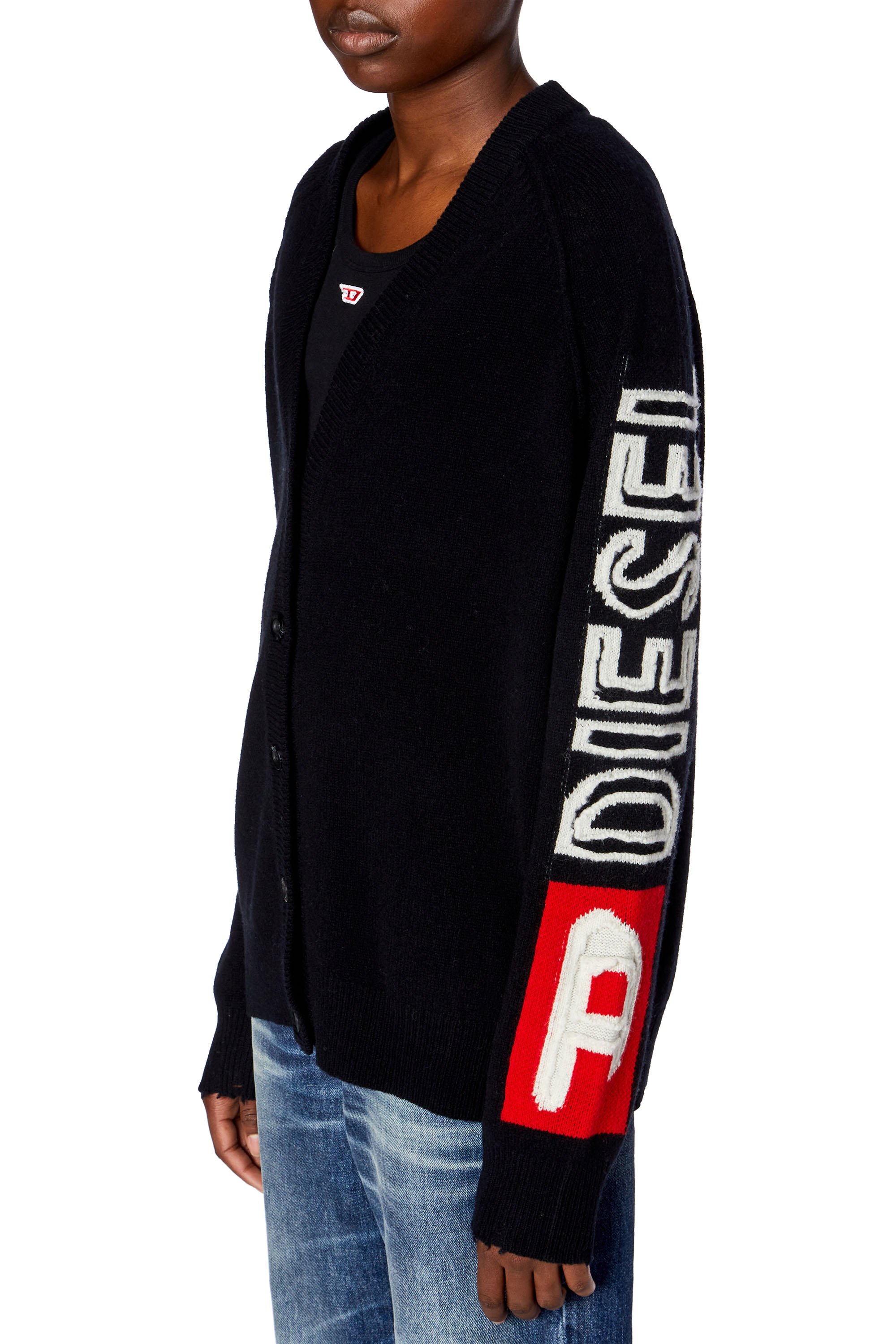 Diesel - M-SARRI, Woman's Cardigan in wool with cut-up logo in Black - 5