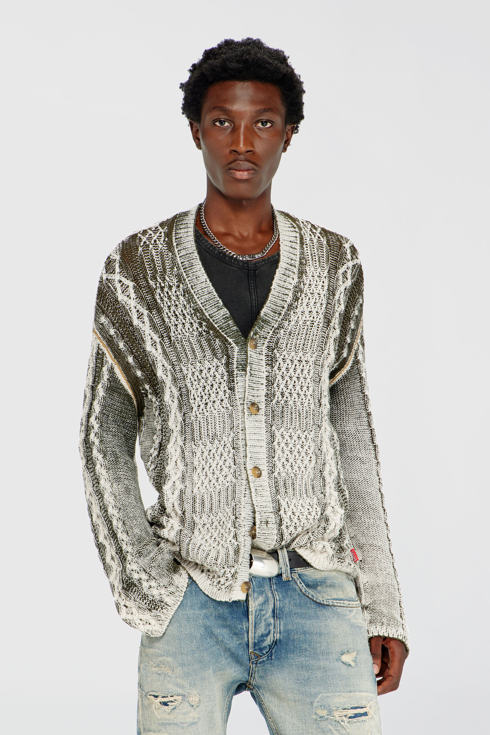 Diesel - K-MIOTO, Man's Treated cable-knit cardigan in White/Grey - 1